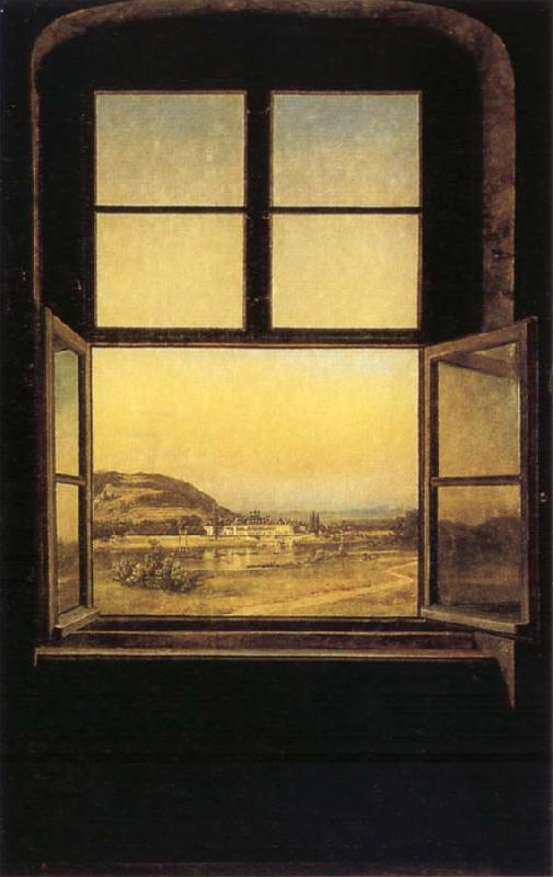 johann christian Claussen Dahl View through a Window to the Chateau of Pillnitz